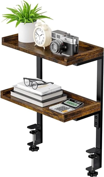 2-laagse houten bureauplank clip voor kantoor en gaming accessoires, tafelblad boekenopslag, bruin
