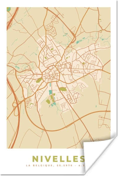 Poster Vintage - Nivelles - Kaart - Plattegrond - Stadskaart - 120x180 cm XXL