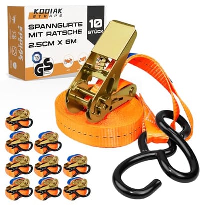 Spanbanden 10 stuks 6 m 800 kg met ratel en S-haken | 25 mm sjorbanden voor ladingvastzetting | TÜV/GS-gecertificeerd