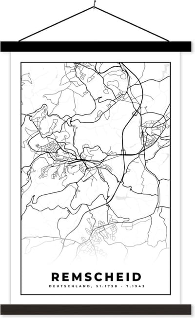Posterhanger incl. Poster 40x60 cm - Schoolplaat - Stadskaart - Remscheid - Plattegrond - Kaart - Textielposter - Zwarte latten - Stadskaart
