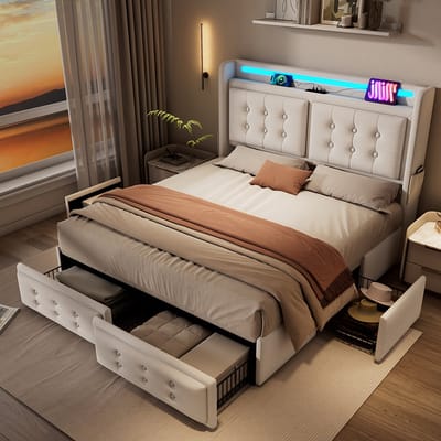 YEHTOKHOME Gestoffeerd bed 140x200 cm met opbergruimte, Tweepersoonsbed met LED, USB C-type oplaadfunctie, 4 lades, 2 zijvakken, Opbergbed met houten lattenbodem, beige, katoen (zonder matras)