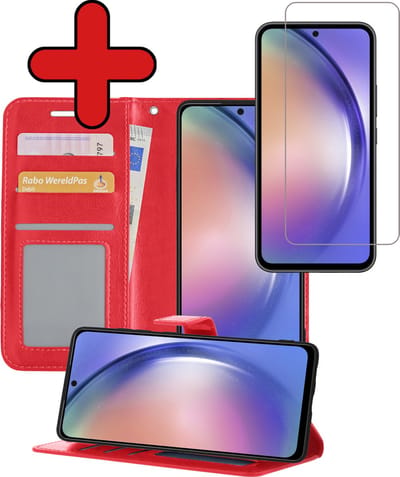 Hoesje - Met Screenprotector - Geschikt voor Samsung Galaxy A54 - Luxe Pasjeshouder - Flipcase - Bookcase Portemonee - Flip Case - Kunstleer Book Case - Book Cover - Walletcase - Portemonneehoes - Telefoonhoes - Rood
