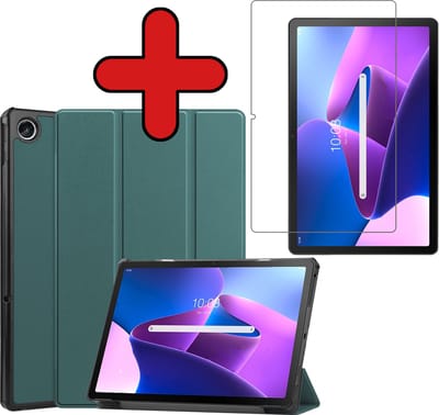 Hoesje - Geschikt voor Lenovo Tab M10 Plus (3e / 3rd Generatie) - Met Screenprotector - Hardcover Book Case - Trifold Bookcase Hoes - Hard Cover - Tablethoes - Donkergroen