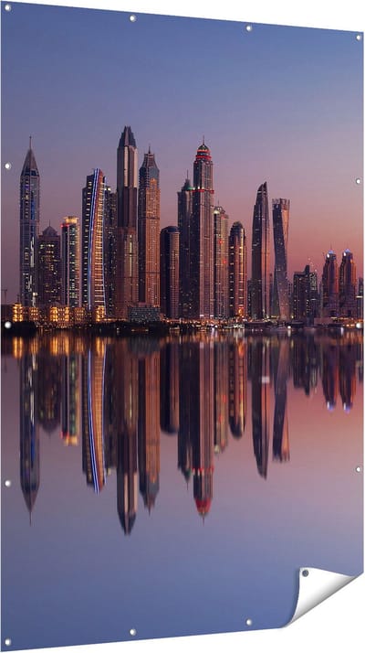 Gards Tuinposter Skyline Dubai Stad bij Zonsondergang - 120x180 cm - Tuindoek - Tuindecoratie - Wanddecoratie buiten - Tuinschilderij