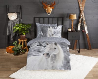 Good Morning dekbedovertrek wit paard in de sneeuw - 1 persoons 140x200/220 cm - Grijs - 100% Katoen flanel