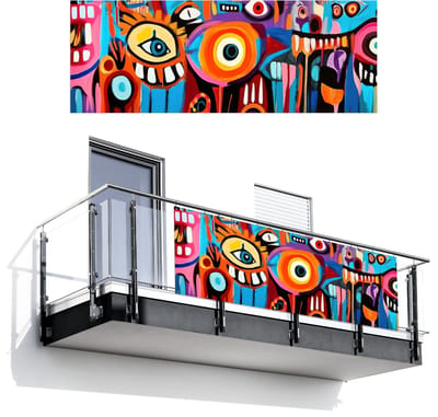 Balkonscherm 300x110 cm - Balkonposter Abstract - Gezicht - Kleurrijk - Balkon scherm decoratie - Balkonschermen - Balkondoek zonnescherm