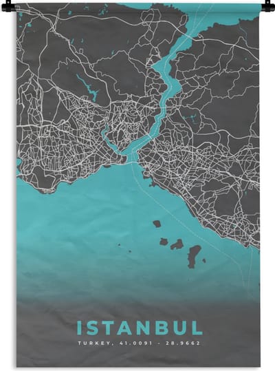 Wandkleed - Wanddoek - Istanbul - Blauw - Kaart - Stadskaart - Plattegrond - 120x180 cm - Wandtapijt