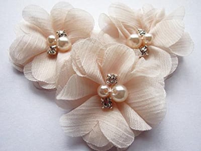 Chiffon Bloem Strass Parel - Bloemen Applicaties - Ambachtelijke Projecten - Handgemaakt Gennaaid - 20 Stuks - Perzik