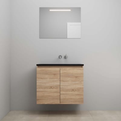 On-Line Badkamermeubelset - 80 cm - Bouwpakket - Greeploze Ladestructuur - Acryl Wastafel - zonder Kraangat - Spiegel met LED-Verlichting - Eiken