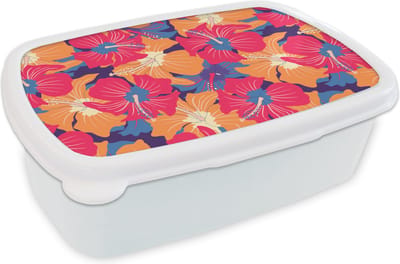 Broodtrommel Wit - Lunchbox - Brooddoos - Zomer - Bloemen - Hawaii - Patronen - 18x12x6 cm - Volwassenen