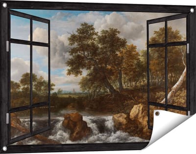 Gards Tuinposter Doorkijk Landschap met Waterval - Jacob van Ruisdael - 90x60 cm - Tuindoek - Tuindecoratie - Wanddecoratie buiten - Tuinschilderij