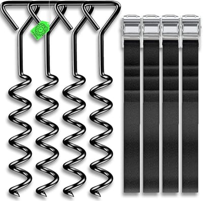 Dailygoods- Grondanker Premium Uitvoering - Grondanker Trampoline - Verankeringsset Tuinhuis - Robuuste Schroefharingen - Verstelbare Riem 2,40 m - Weerbestendig en Duurzaam