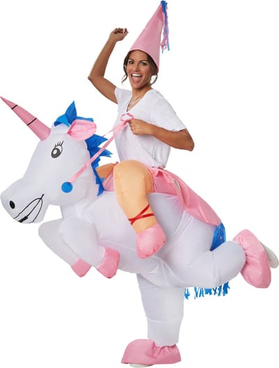 tectake® Dressforfun Opzitkostuum Eenhoorn voor Volwassenen – Kleurrijk Kostuum met Punthoed en Franjes – Universele Maat, Inclusief Teugels en Verwijderbare Accukast (Niet Inbegrepen: 4 AA-batterijen)