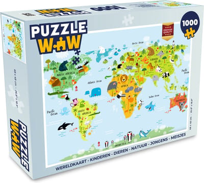 Puzzel Wereldkaart - Kinderen - Dieren - Natuur - Jongens - Meisjes - Legpuzzel - Puzzel 1000 stukjes volwassenen