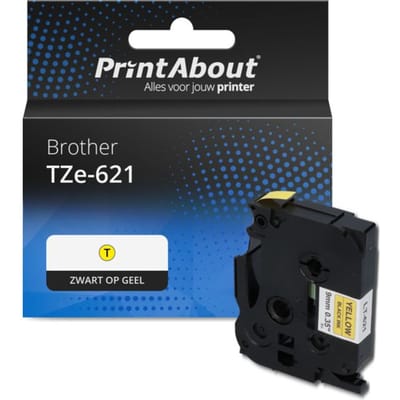 PrintAbout huismerk Tape TZe-621 Zwart op geel (9 mm) Geschikt voor Brother