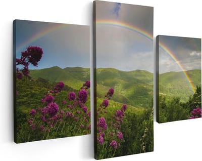 Artaza Canvas Schilderij Drieluik Regenboog in de Heuvel Bossen - 90x60 - Foto Op Canvas - Canvas Print