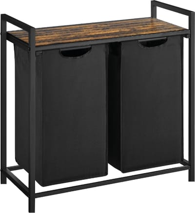 BRASQ Wasmand 2 vakken - Wassorteerder 76 Liter - Uitschuifbaar met Plank 73x33x71 cm - Wasbox Zwart Metaal - Bruin hout - Basket