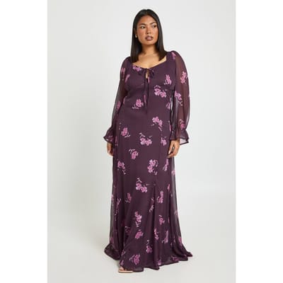 boohoo Dames Plus Bloemige Chiffon Melkmeisje Maxi Jurk | Plum | Maat: 18