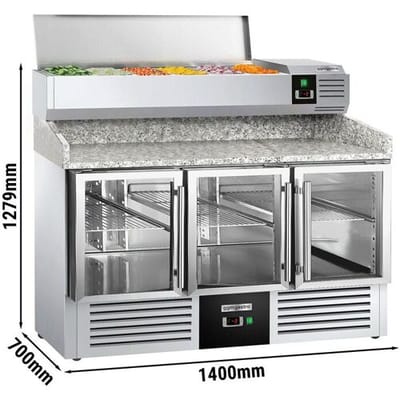 GGM Gastro Pizzakühltisch PREMIUM - 1400x700mm - 3 Glastüren - inkl. Kühlaufsatzvitrine - 6x GN 1/4 Zilver