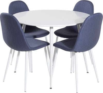 PlazaWHWH100 eethoek eetkamertafel wit en 4 Polar eetkamerstal blauw, wit.