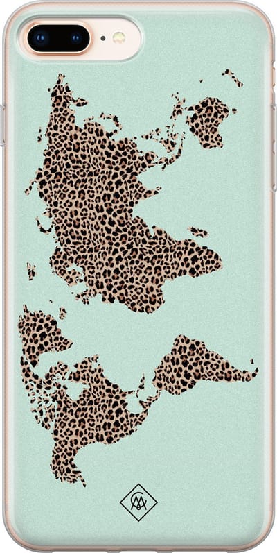 Casimoda® hoesje - Geschikt voor iPhone 8 Plus - Wereldkaart blauw luipaard - Siliconen/TPU telefoonhoesje - Backcover - Natuur - Blauw