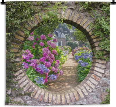 Wandkleed - Wanddoek - Doorkijk - Bloemen - Hortensia - Zomer - 180x180 cm - Wandtapijt