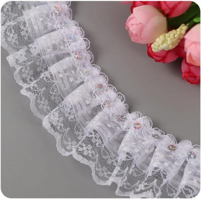 Lace Border met Pailletten en Elastiek voor DIY Naaiprojecten en Trouwen Decoratie - Wit, 5 Yards, Pleated Mesh en Kant Band