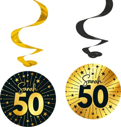 4x Swirls 'Sarah' jaar zwart / goud - Golden Celebrations - Verjaardag Feestje Hangdecoratie Versiering Feestdecoratie Decoratie