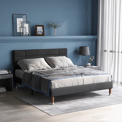 Sweiko gestoffeerd bed, tweepersoonsbed met lattenbodem, 140x200cm gestoffeerd bedframe met hoofdeinde, in donkergrijs linnen, voor volwassenen&jongeren, (matras niet inbegrepen)