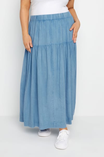 Yours Chambray Midi Rok Met Lagen In Blauw Size 46