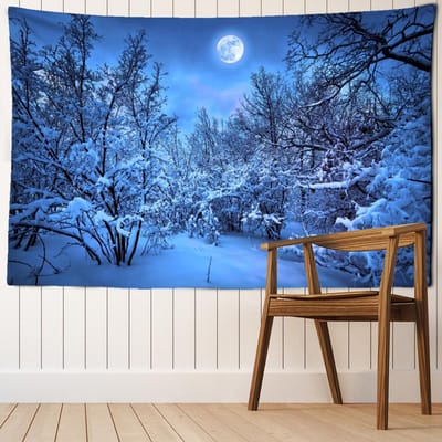 Tapisserie murale avec vue nocturne sur la forêt après la neige, décoration bohème, mystique, sorcellerie, art, esthétique, pour chambre, maison 95x70cm blue