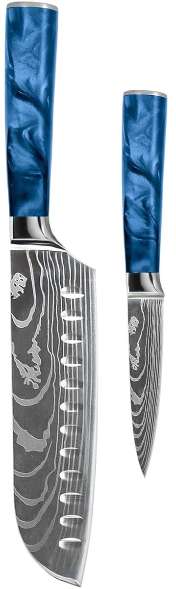 Shinrai Knives - Damascus Print Epoxy Sapphire 2-delige Messenset - Santoku + Schilmes