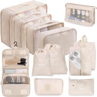 SnelShoppen - 12-delige kofferorganizer set, waterdichte packing cubes, kofferorganizer met pakzakken, kledingtassen, cosmeticatas, schoenenzak, beige