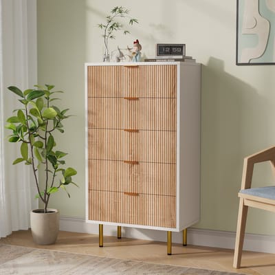 Ladekast - Opbergkast met 5 lades - Geschikt voor woonkamer, slaapkamer en hal - Natuurlijke houtkleur en wit