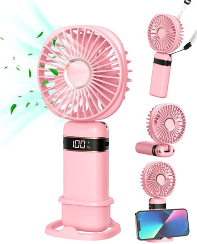 Mini handventilator - Roze - draagbare USB-handventilator - oplaadbare ventilator met 5 snelheden - opvouwbaar - met voet en draagkoord voor thuis - kantoor - slaapkamer - buiten en op reis.