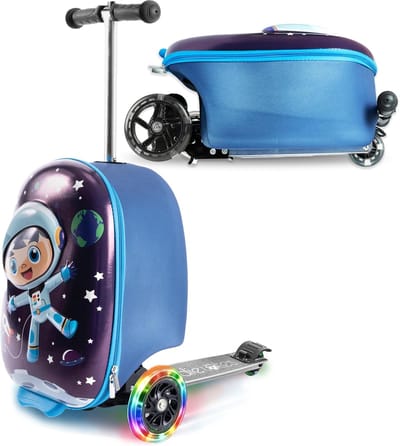 Kinder Koffer Scooter - Reis Koffer - Vrolijk Reizen - Verlichte Wielen - 34 cm - Blauw