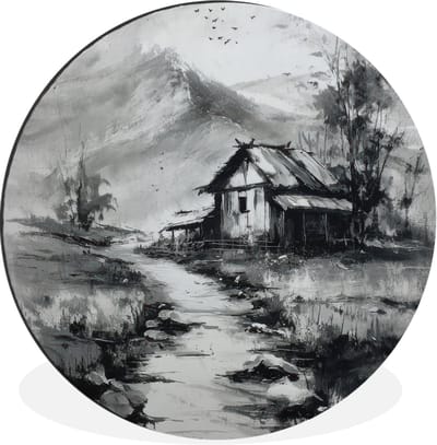 WallCircle - Wandcirkel - Muurcirkel - Hut - Grijs - Bergen - Mistig - Aluminium - Dibond - 30x30 cm - Binnen en Buiten