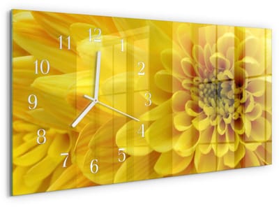 Tulup Wandklok - Chrysant Gekleurde Glazen Klok - 60x30 cm - Geel Glazen Klok Met Print - Witte Handen - Rechthoekige Wandklok - Moderne Wandklok Glas - Wandklok Glas Decoratie