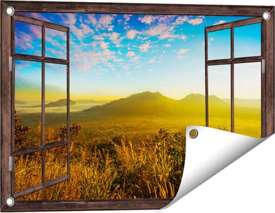 Gards Tuinposter Doorkijk Bergen met Mist in Thailand - 60x40 cm - Tuindoek - Tuindecoratie - Wanddecoratie buiten - Tuinschilderij
