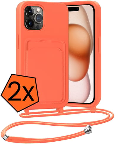 Hoesje Geschikt voor iPhone 14 Pro Hoesje Met Telefoonketting Pasjeshouder Case Koord - Hoesje Geschikt voor iPhone 14 Pro Hoes Met Kaarthouder - Papaya - 2 PACK