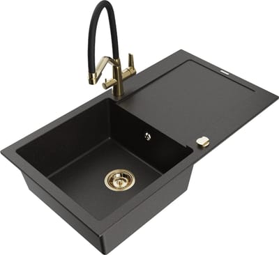 Mexen Leo granieten spoelbak met 1 kamer, afdruiprek en Duo-keukenkraan, zwart/gouden metallic - 6501-75-671701-57-G