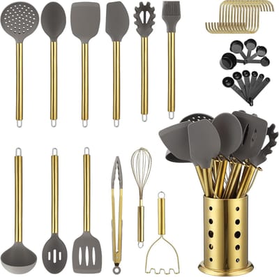 Famanu – Gouden Keukengerei Set - 38-delig Non-Stick Siliconen Kookgerei Set - Lepelspatel Set met Stevig Roestvrijstalen Gereedschaphouder - Vaatwasserbestendig