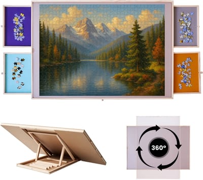 TriMaStore Draaibare Puzzeltafel – Kantelbaar Puzzelbord met 4 Lades, Draaifunctie en Cover – Puzzeltafel met Lades 1500 Stukjes – Ergonomische Puzzelplank van Hout