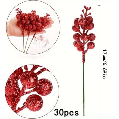 30 Pièces Tiges de Baies Scintillantes, Branches de Canneberges Artificielles, Tiges de Houx, Ornements Nouvel An Saint-Valentin, Bricolage Couronne Artisanat Cadeaux Fête 30pcs
