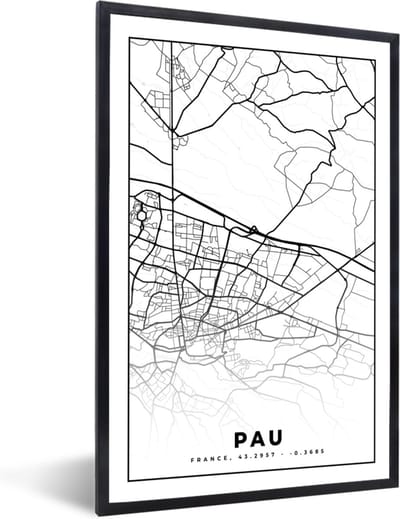 Fotolijst incl. Poster Zwart Wit- Kaart - Stadskaart - Pau - Frankrijk - Plattegrond - Zwart wit - 40x60 cm - Posterlijst