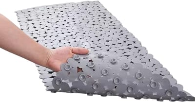 Antislip Badmat Douchemat Badkuip – Kiezelvorm, Machinewasbaar, Met Zuignappen en Afvoergaten - Grijs