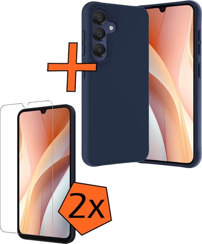 Hoes - Met 2x Screenprotector - Geschikt voor Samsung Galaxy A15 - Sterk & Shockproof - Back Cover - Siliconen Case - Telefoon Hoes - Donkerblauw