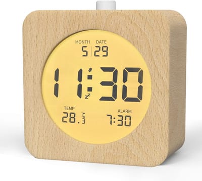 Digitale Wekker, Houten Wekker voor op het Nachttafeltje met LCD Display, Sluimerfunctie, Nachtlampje, Alleen op Batterijen Werkende Klok voor Slaapkamer, Licht Hout-Vierkant