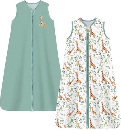 Set van 2 Zomer Slaapzakken Baby & Peuterm - Mouwloos, 100% Katoen - Lichtgroen & Giraf - 90 cm