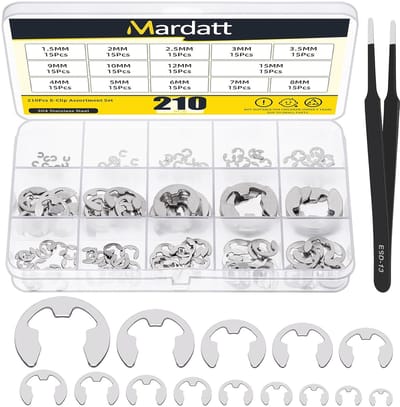211-delige assortiment van roestvrijstalen E-clips, circlips en externe borgringen in diverse maten van 1.5mm tot 15mm